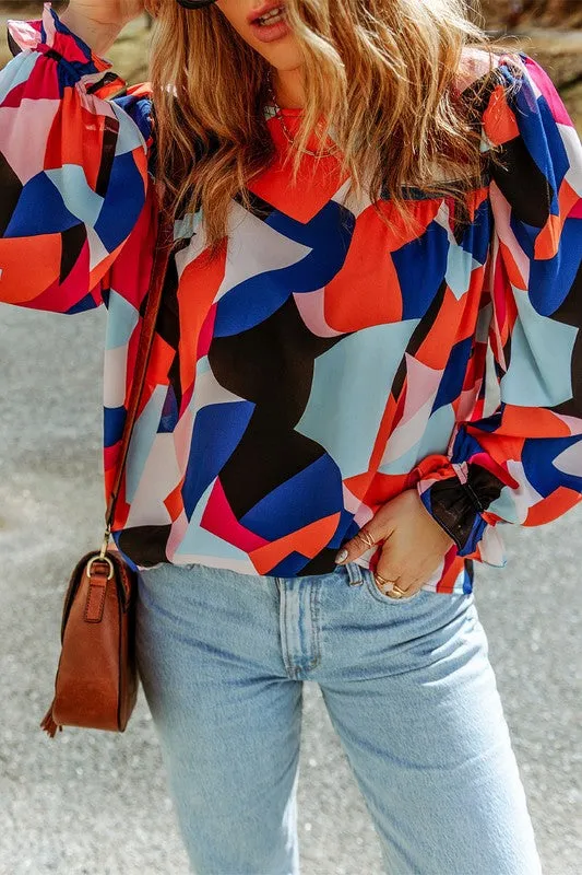 Women Pattern Crewneck Ruffled Puff Sleeve Blouse