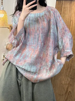 Women Summer Casual Flower Batwing Sleeve Loose Shirt