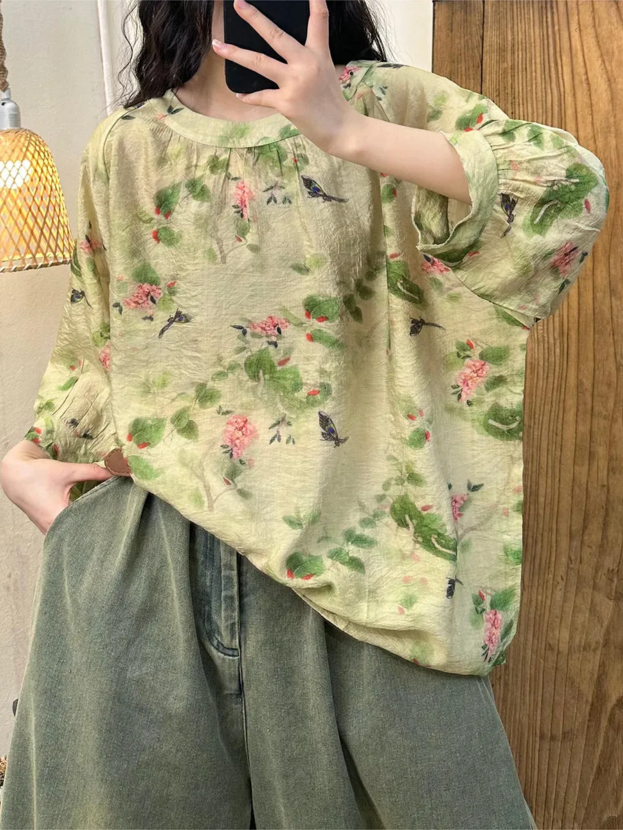 Women Summer Casual Flower Batwing Sleeve Loose Shirt