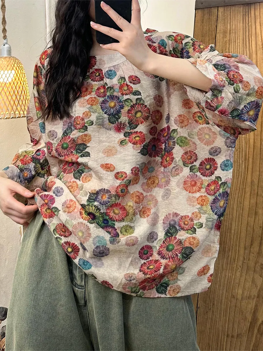 Women Summer Casual Flower Batwing Sleeve Loose Shirt