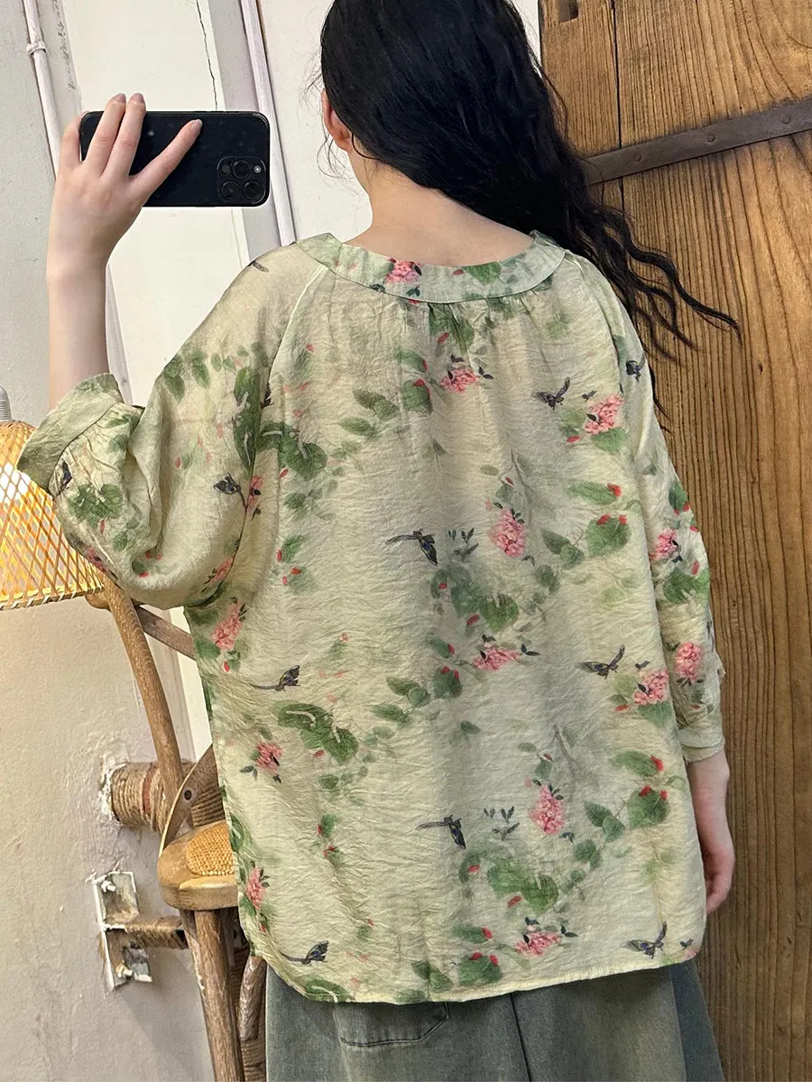 Women Summer Casual Flower Batwing Sleeve Loose Shirt