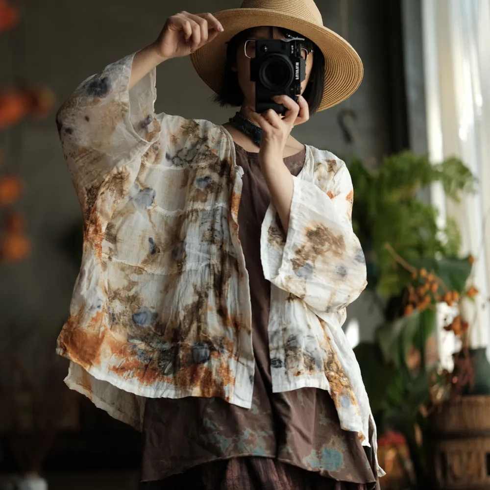 Women Summer Vintage Print O-Neck Thin Ramie Shirt