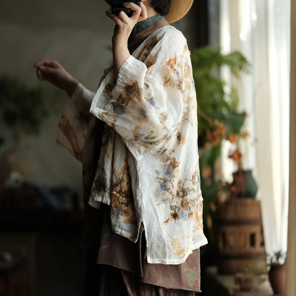 Women Summer Vintage Print O-Neck Thin Ramie Shirt