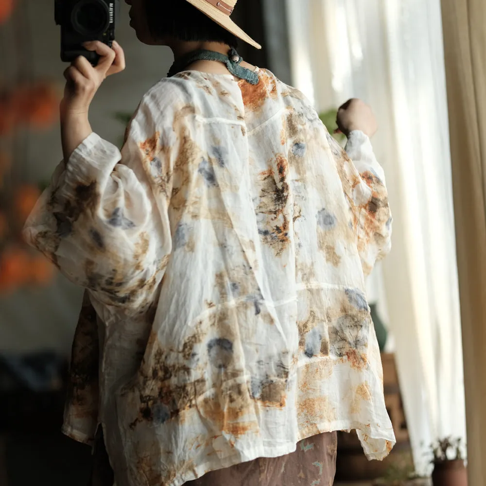 Women Summer Vintage Print O-Neck Thin Ramie Shirt