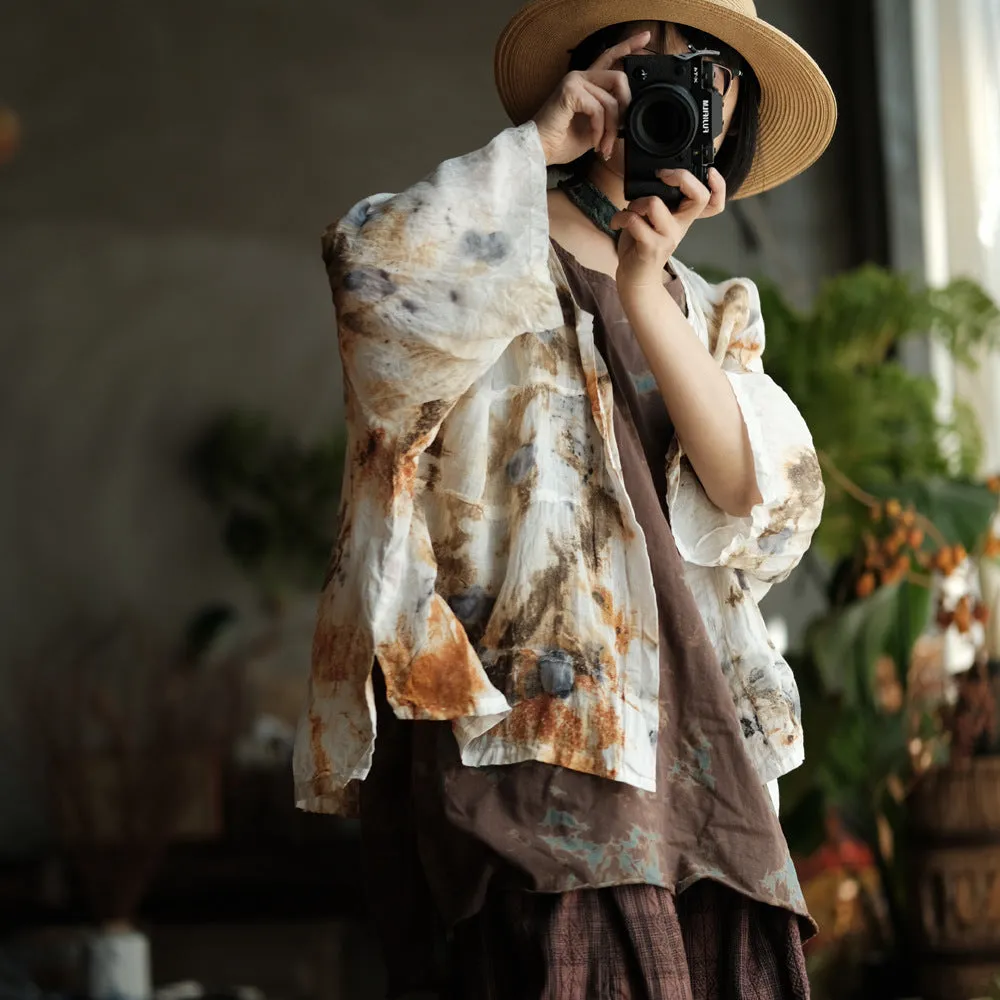 Women Summer Vintage Print O-Neck Thin Ramie Shirt