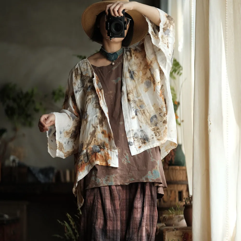 Women Summer Vintage Print O-Neck Thin Ramie Shirt