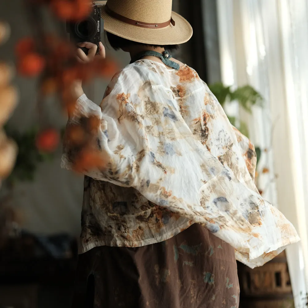 Women Summer Vintage Print O-Neck Thin Ramie Shirt