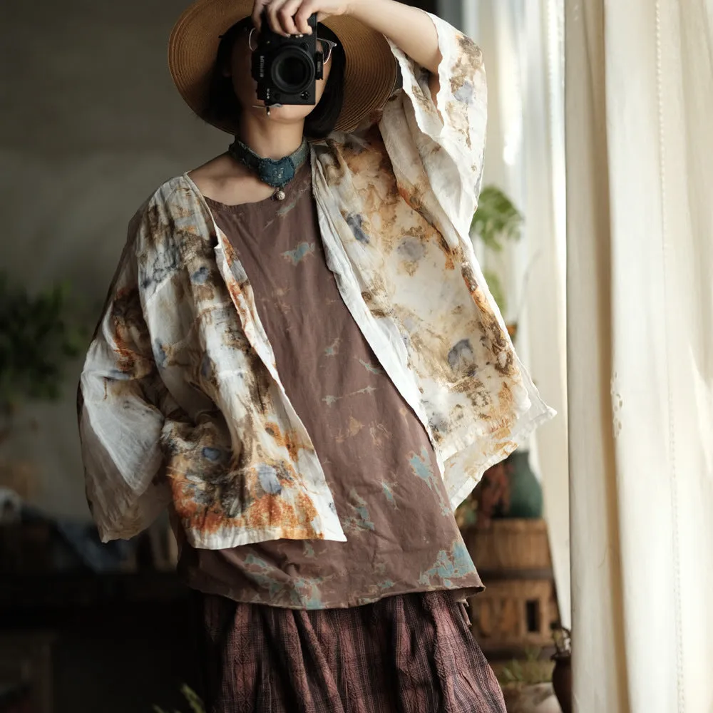 Women Summer Vintage Print O-Neck Thin Ramie Shirt