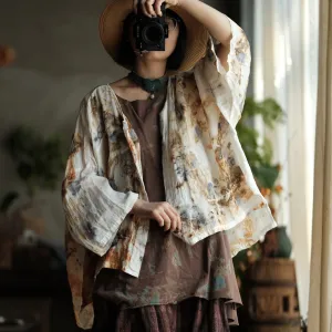 Women Summer Vintage Print O-Neck Thin Ramie Shirt