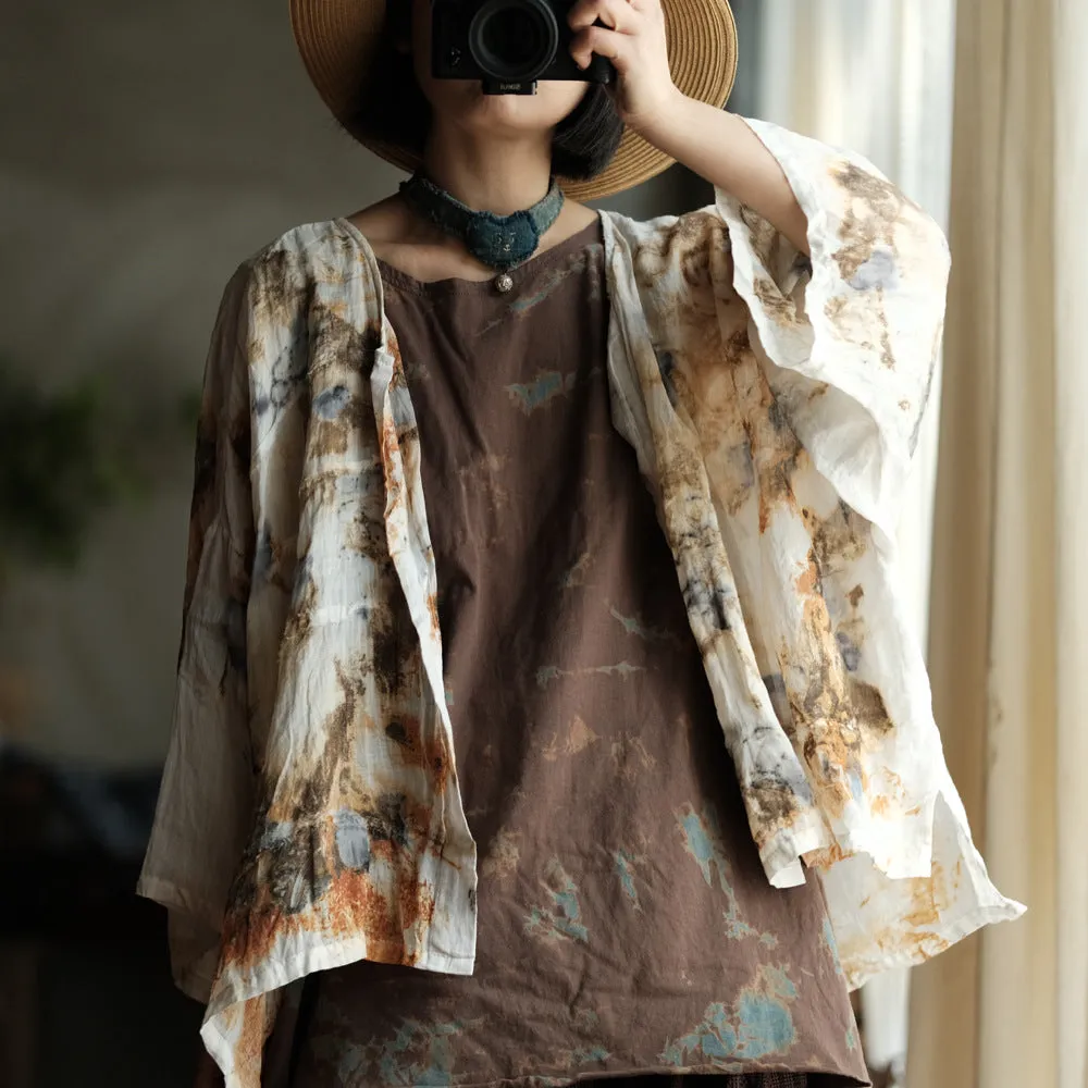 Women Summer Vintage Print O-Neck Thin Ramie Shirt