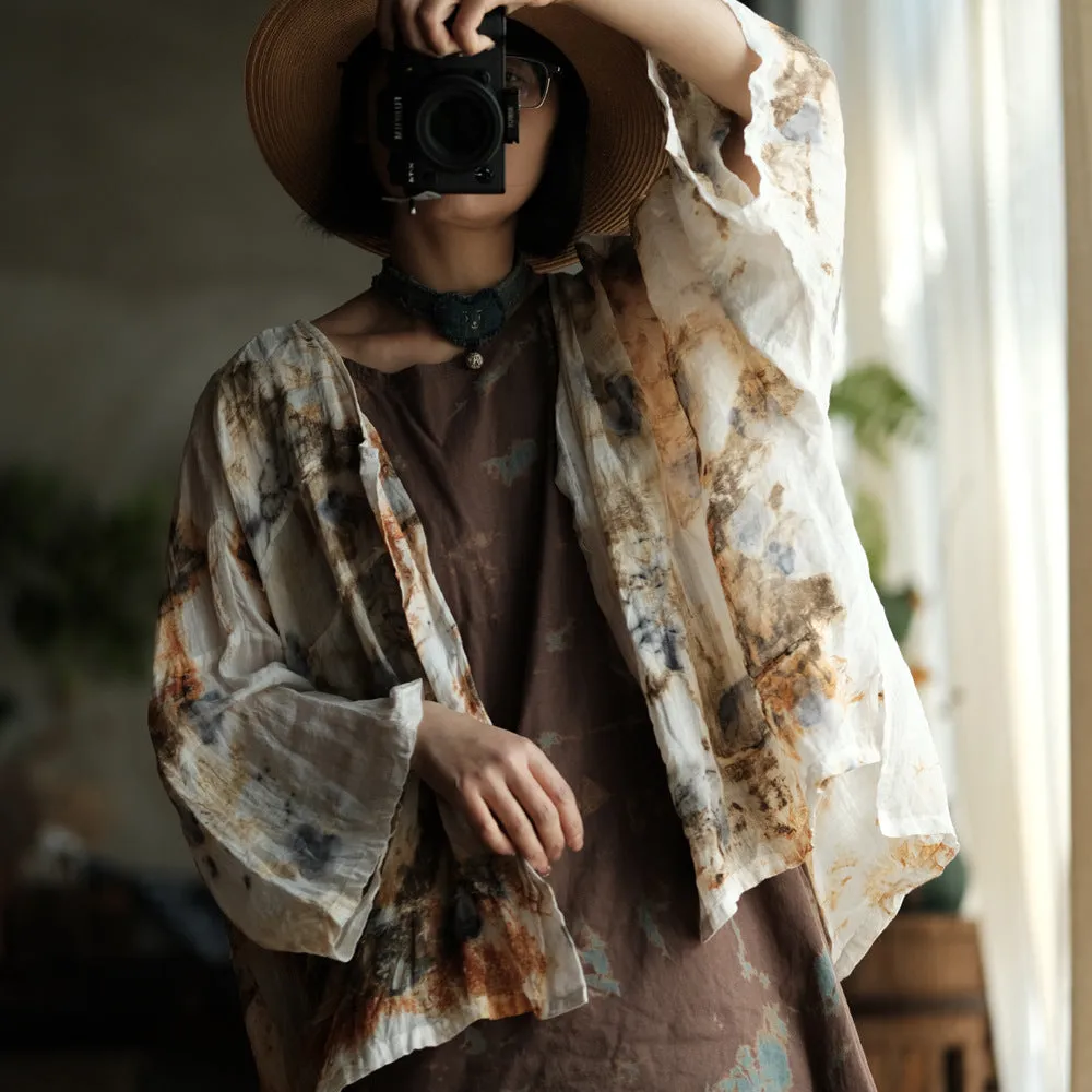 Women Summer Vintage Print O-Neck Thin Ramie Shirt