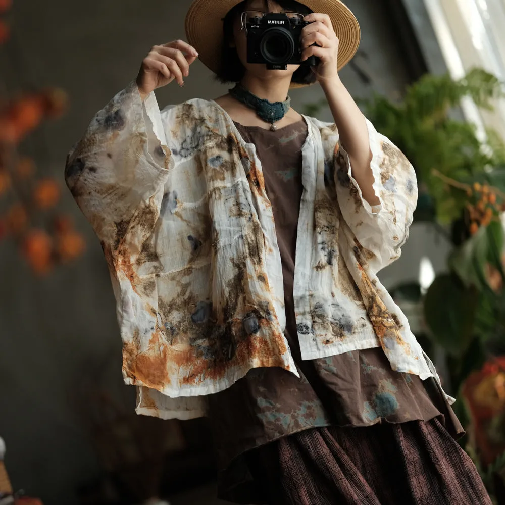 Women Summer Vintage Print O-Neck Thin Ramie Shirt