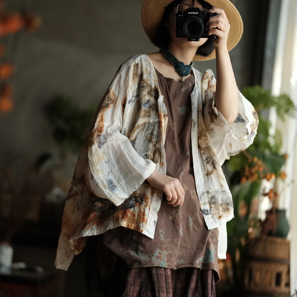 Women Summer Vintage Print O-Neck Thin Ramie Shirt