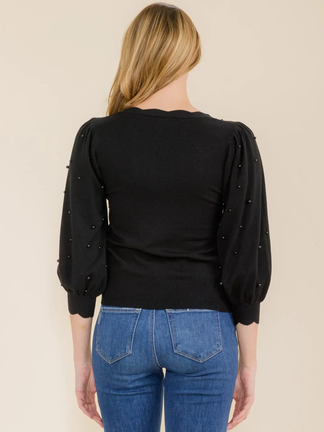 WOMEN'S 3/4 SLEEVE TRIM DETAILED PEARL BLOUSE