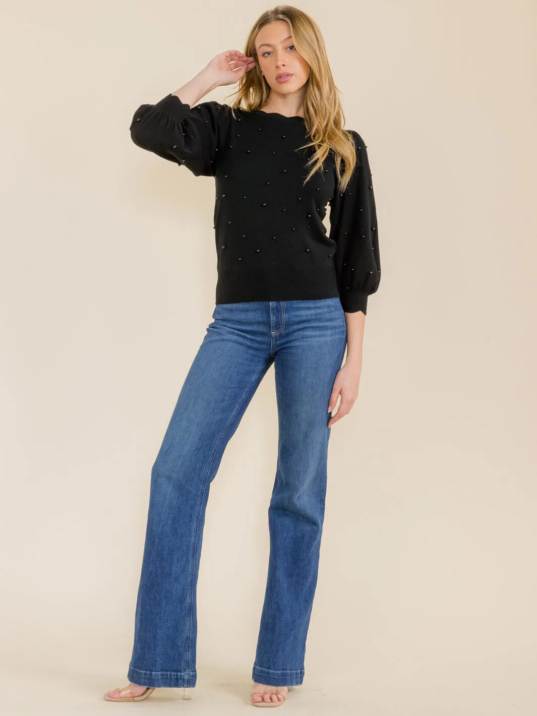 WOMEN'S 3/4 SLEEVE TRIM DETAILED PEARL BLOUSE