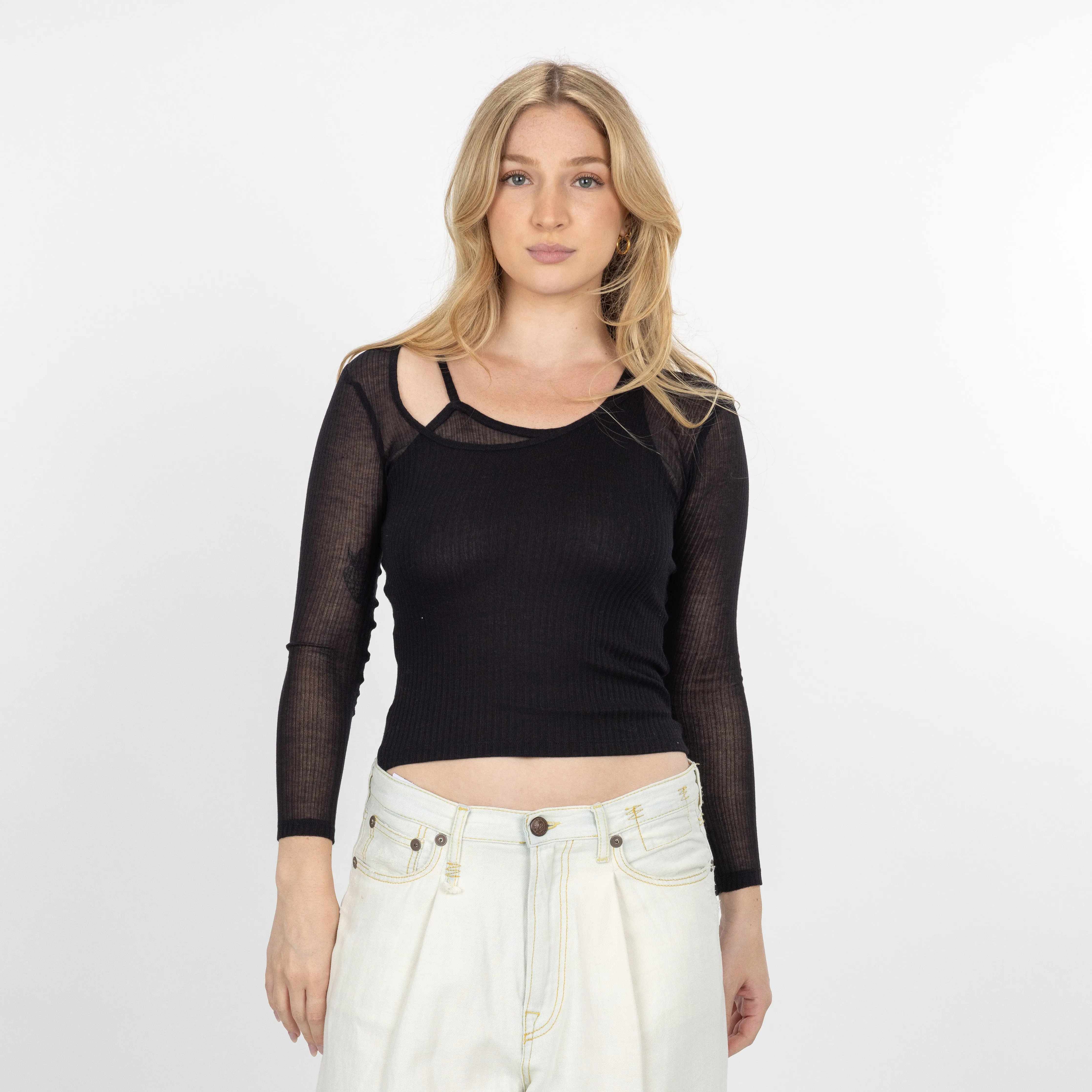 Womens Double Layer Asymmetric Neck Long Sleeve - Black