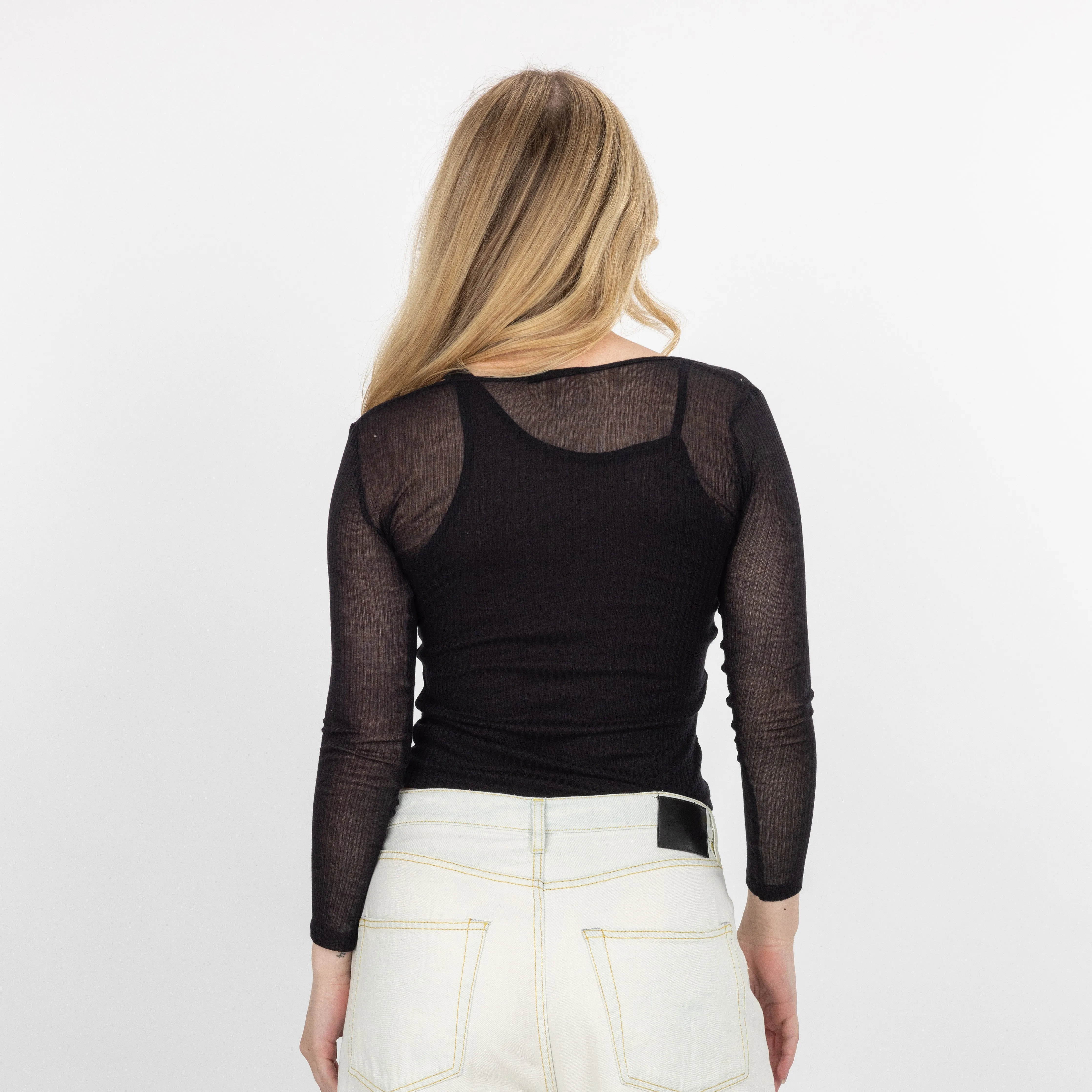 Womens Double Layer Asymmetric Neck Long Sleeve - Black