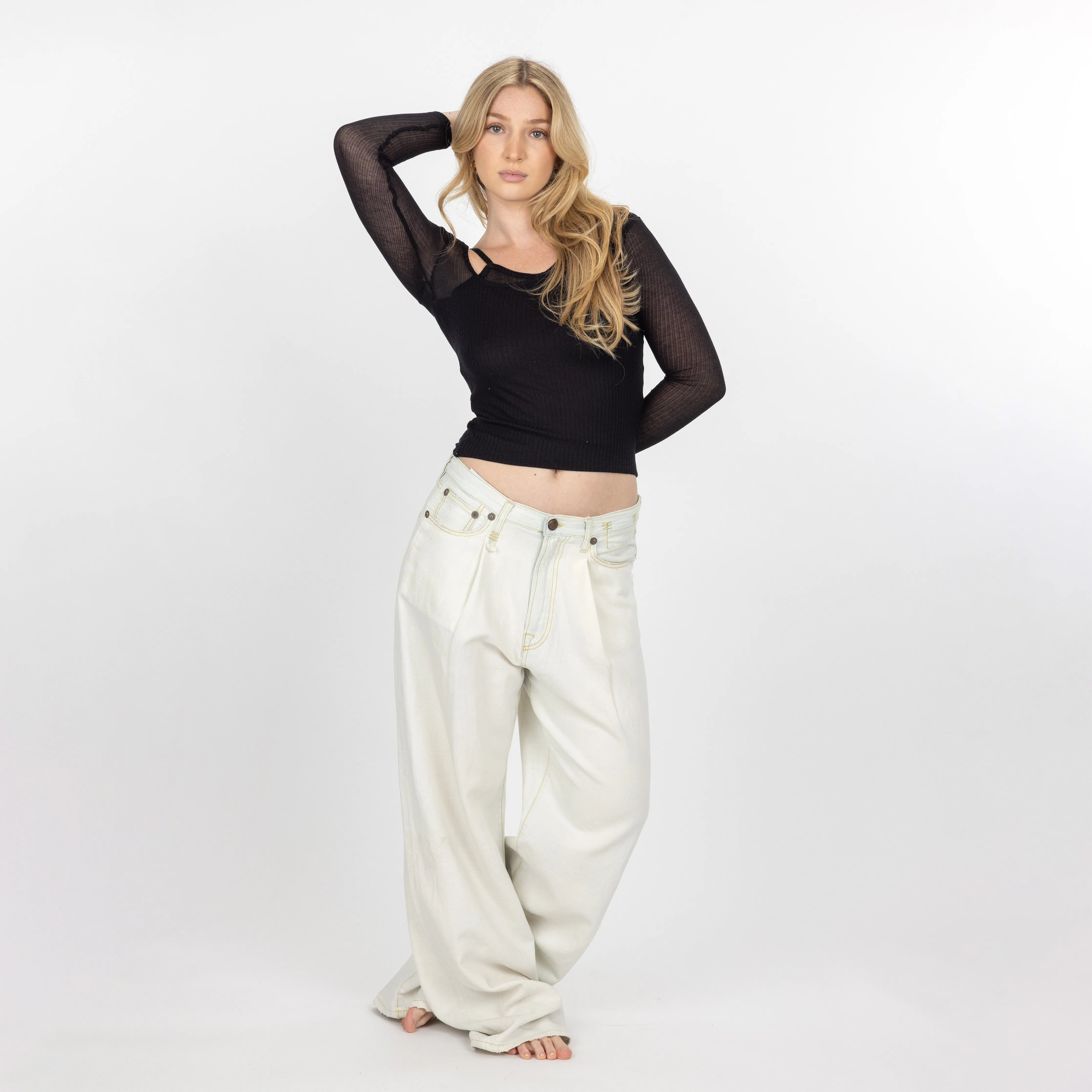 Womens Double Layer Asymmetric Neck Long Sleeve - Black