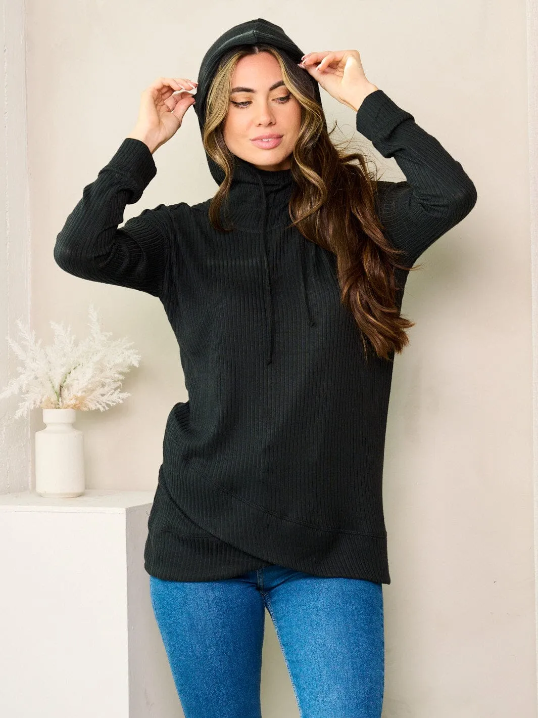 WOMEN'S LONG SLEEVE HOODED SOLID TOP