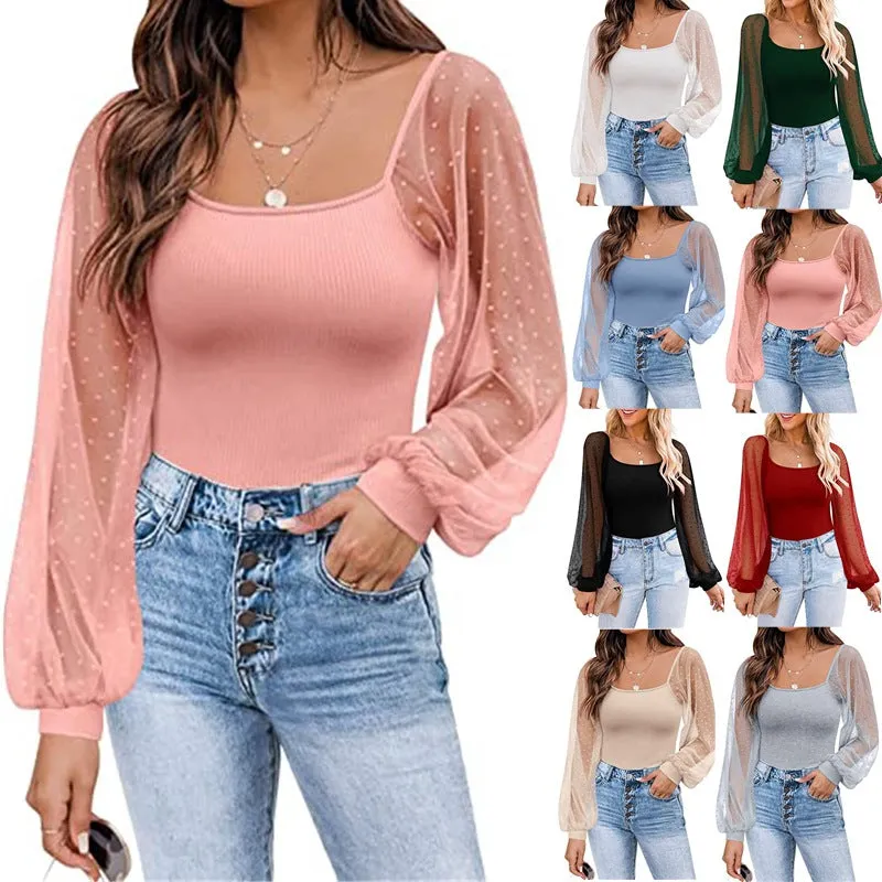 Women's Long Sleeved Sheer Sleeves Square Neck Tops