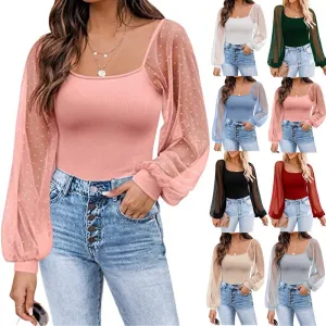 Women's Long Sleeved Sheer Sleeves Square Neck Tops