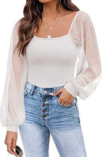 Women's Long Sleeved Sheer Sleeves Square Neck Tops