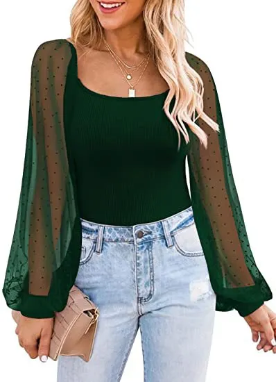 Women's Long Sleeved Sheer Sleeves Square Neck Tops