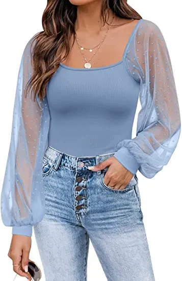 Women's Long Sleeved Sheer Sleeves Square Neck Tops