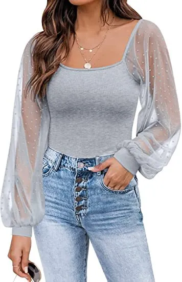 Women's Long Sleeved Sheer Sleeves Square Neck Tops
