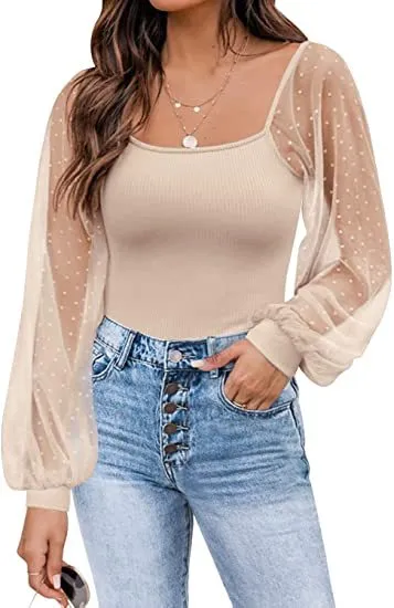 Women's Long Sleeved Sheer Sleeves Square Neck Tops