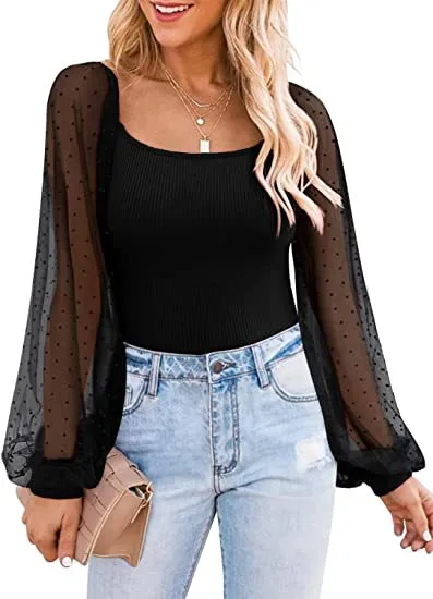 Women's Long Sleeved Sheer Sleeves Square Neck Tops