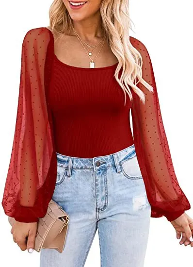 Women's Long Sleeved Sheer Sleeves Square Neck Tops