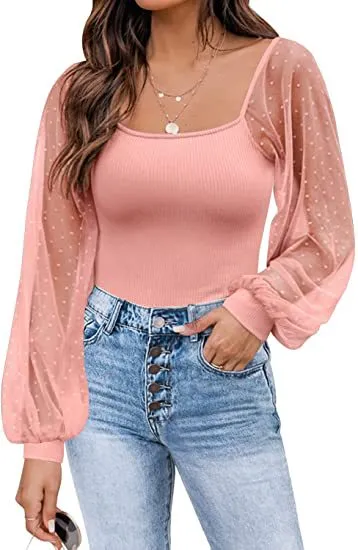 Women's Long Sleeved Sheer Sleeves Square Neck Tops