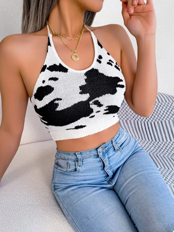 Women’s Pattern Halter Neckline Adjustable Tie Closures Crop Top