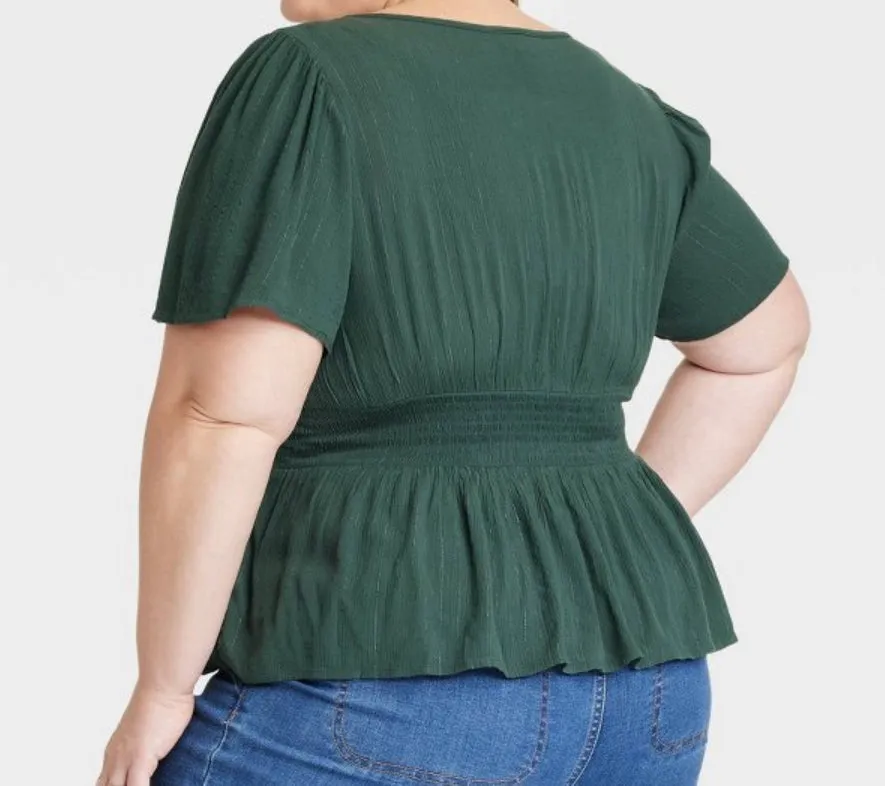 Women's Plus Size Short Sleeve Embroidered Blouse - Knox Rose Dark Green