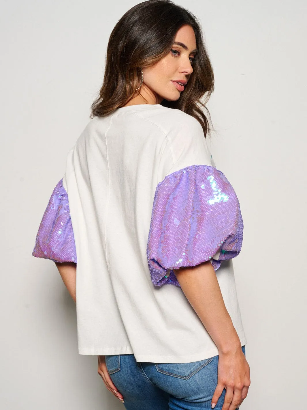 WOMEN'S SHORT SLEEVE DISCO SEQUINS GRAPHIC BLOUSE TOP