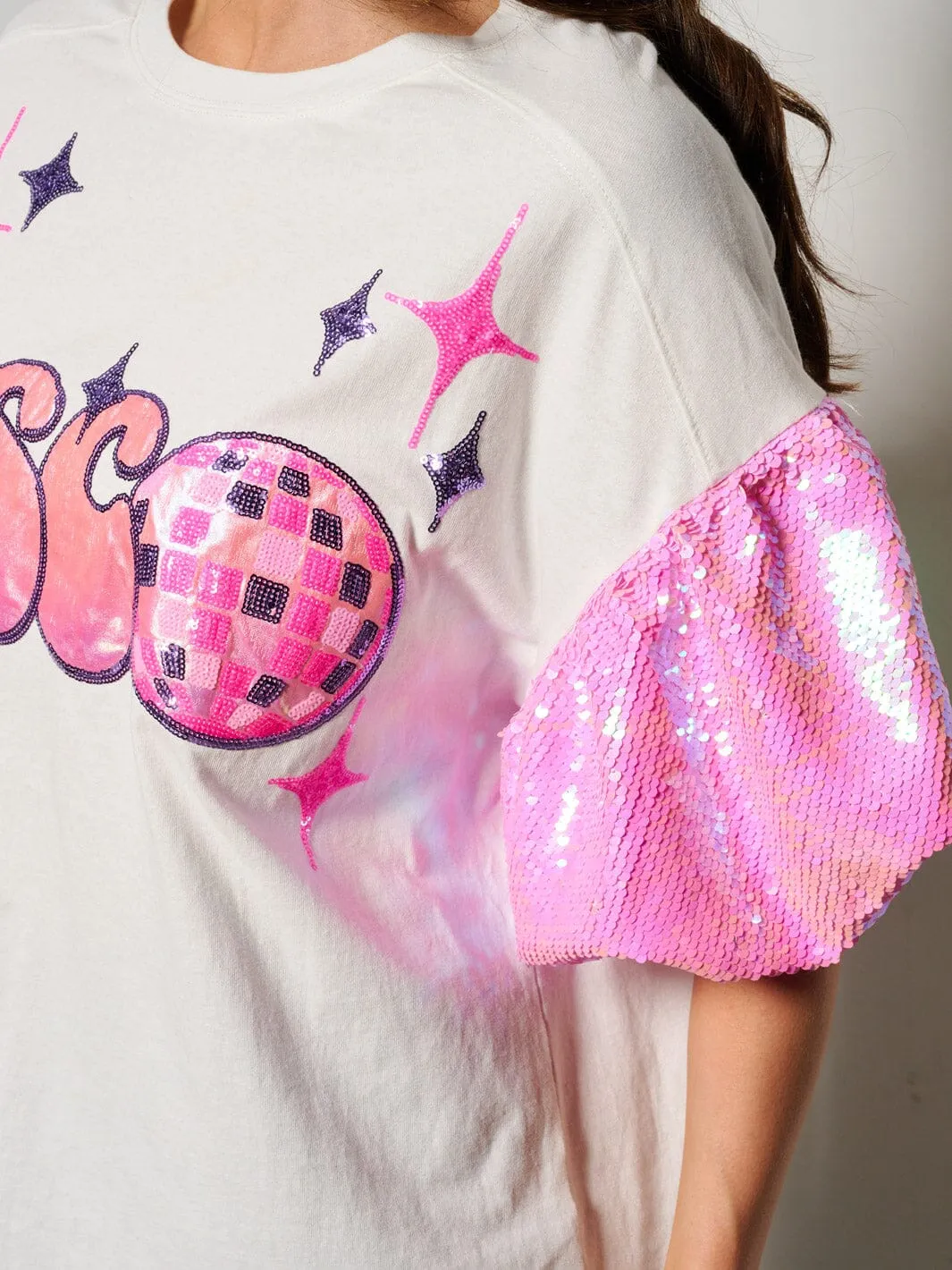 WOMEN'S SHORT SLEEVE DISCO SEQUINS GRAPHIC BLOUSE TOP