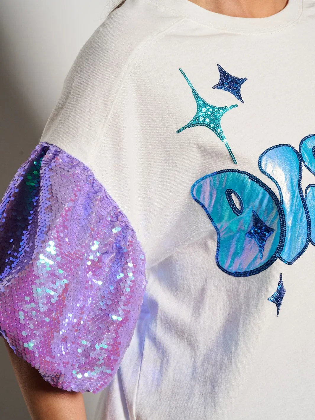 WOMEN'S SHORT SLEEVE DISCO SEQUINS GRAPHIC BLOUSE TOP
