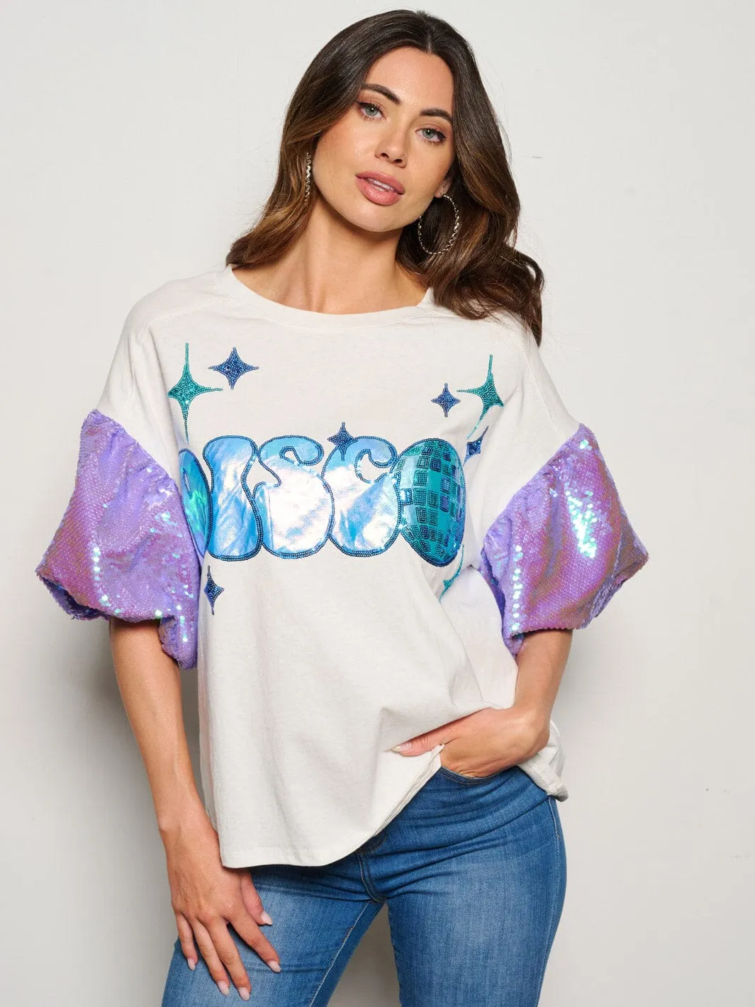 WOMEN'S SHORT SLEEVE DISCO SEQUINS GRAPHIC BLOUSE TOP