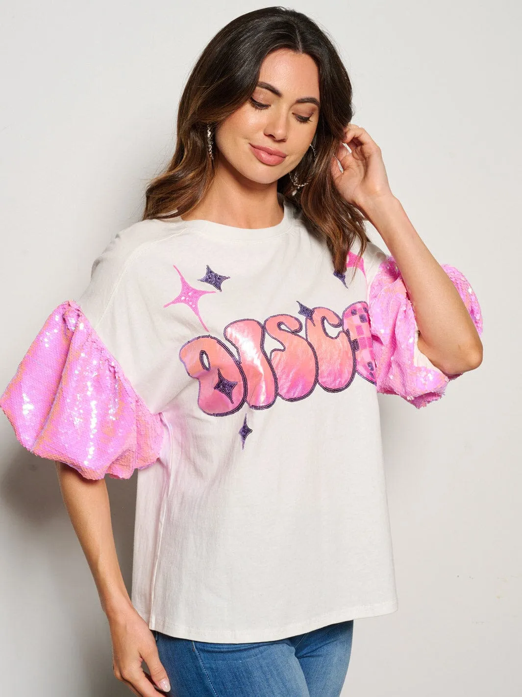 WOMEN'S SHORT SLEEVE DISCO SEQUINS GRAPHIC BLOUSE TOP