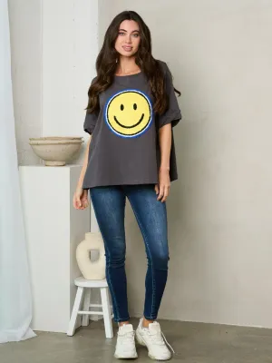 WOMEN'S SHORT SLEEVE FUZZY GRAPHIC DETAILED OVERSIZE TOP