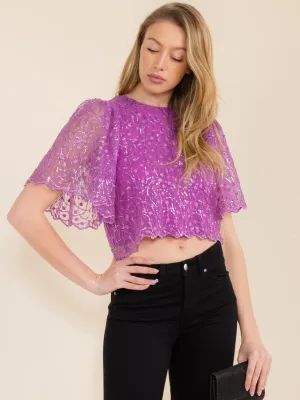 WOMEN'S SHORT SLEEVE SEQUINS DETAILED CROP TOP