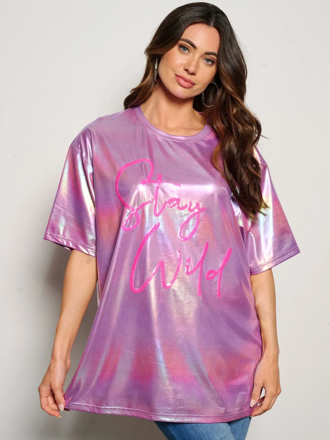 WOMEN'S SHORT SLEEVE STAY WILD METALLIC GRAPHIC BLOUSE TOP
