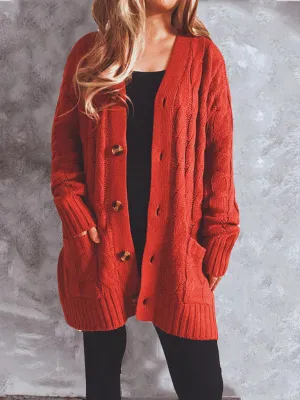 Women’s V Neckline Cable Knit With Button Front Closure With Pockets Cardigan