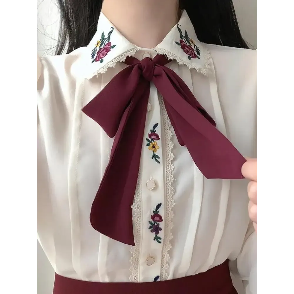 Y2K Embroidered Shirt with Romantic Collar and Soft Fabric