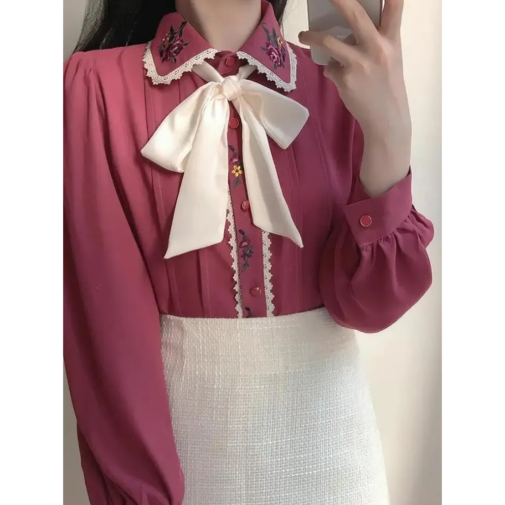 Y2K Embroidered Shirt with Romantic Collar and Soft Fabric