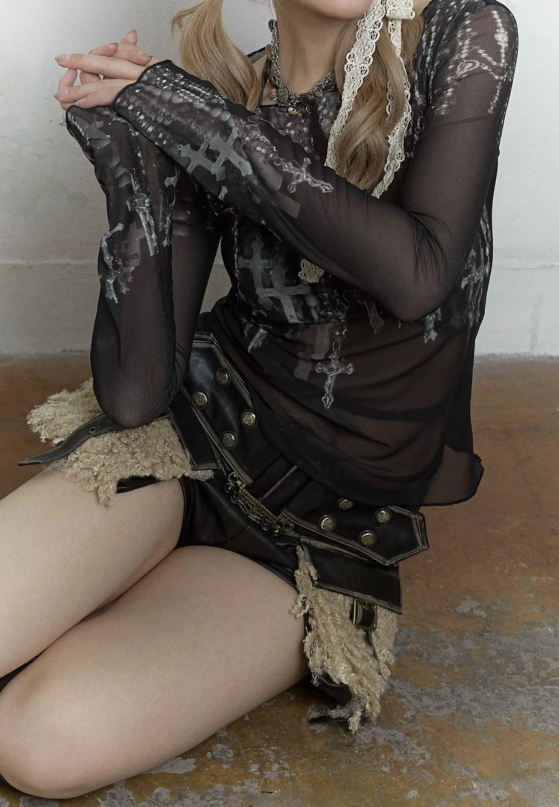 Y2K Grunge Cross Sheer Top