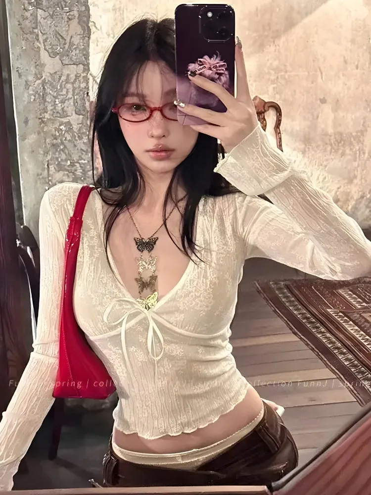 Y2K Lace Plunge Neck Top