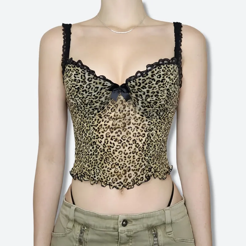 Y2K Leopard Bow Sheer Top