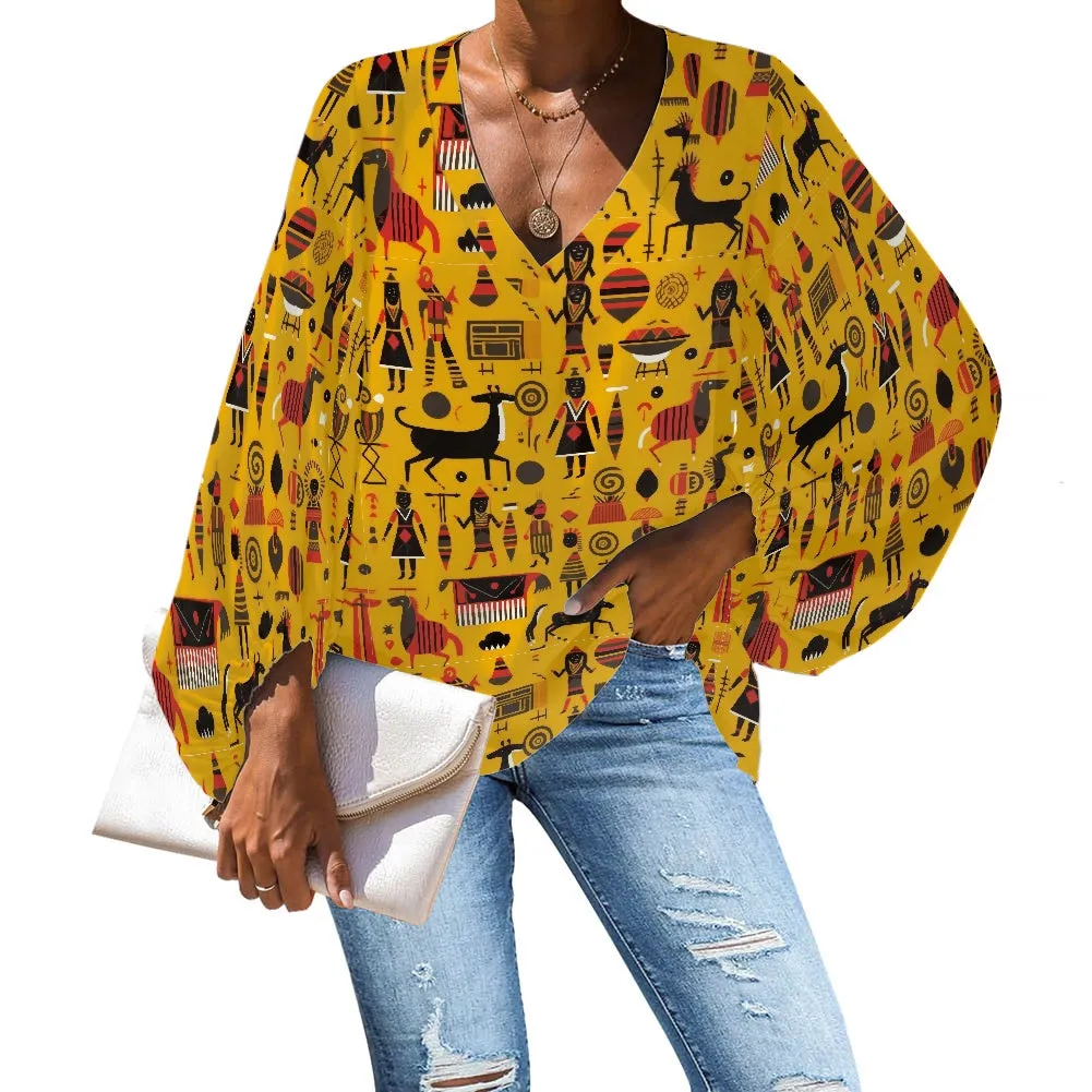 Yellow Tribal Chiffon Blouse – Stylish V-Neck with Bold Ethnic Motifs Chiffon Puff Sleeve Blouse by Luxtrini